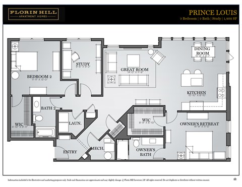 Floor plan for 2 beds, 2 baths, 1500 sqft